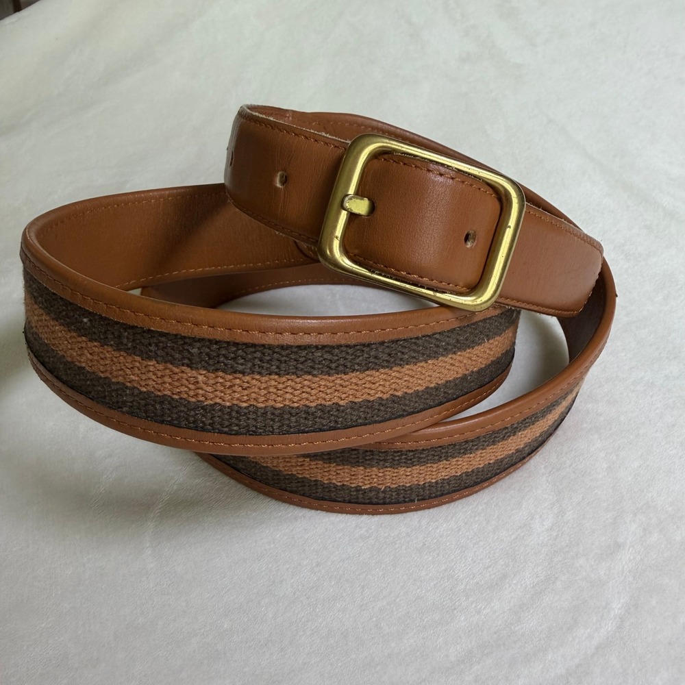 Gallery Originals Belt Mens 42 Brown Full Grain Leather Woven Inlay Brass Buckle